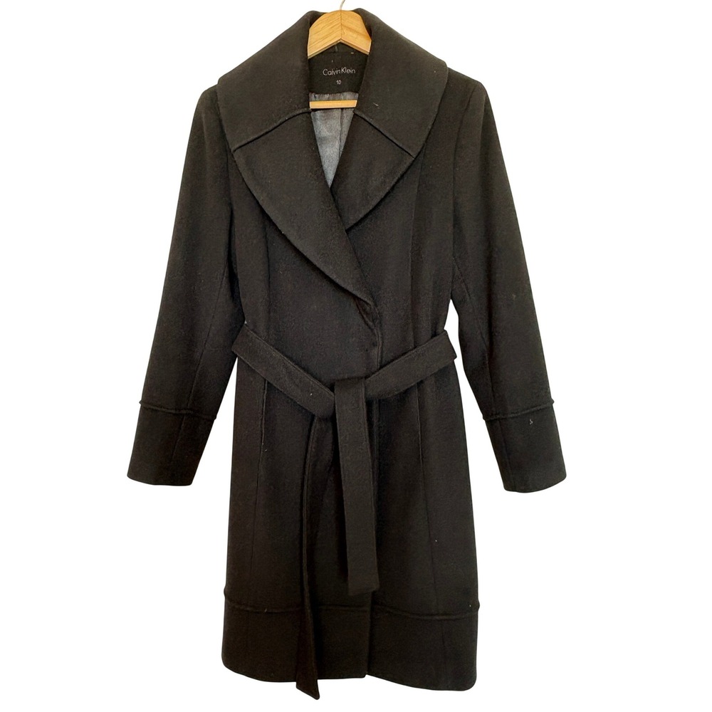 Calvin Klein Womens Black Wool Blend Belted Shawl Collar Trench Coat Size 10
